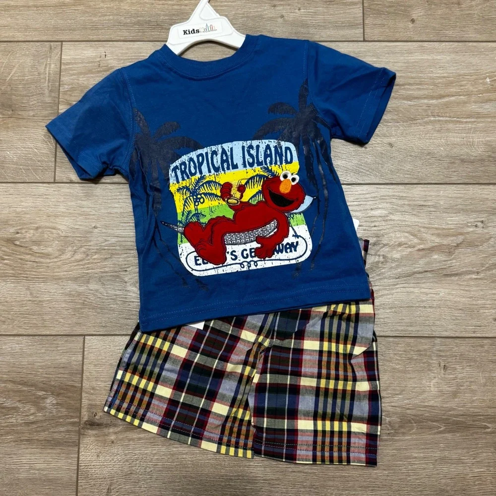 Nannette Sesame Street Elmo Tropical‎ Island T-Shirt Plaid Shorts Set 18M Blue